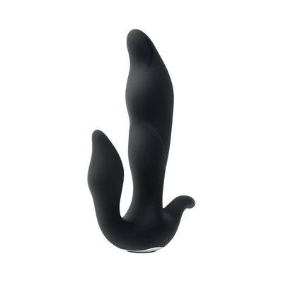 Black silicone prostate massager with three curved stimulation points and ergonomic base.