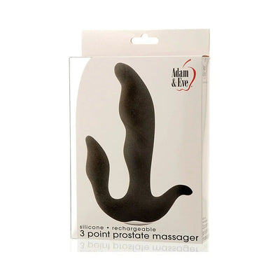 Adam & Eve 3 Point Prostate Massager in black silicone with ergonomic design, shown in retail packaging.