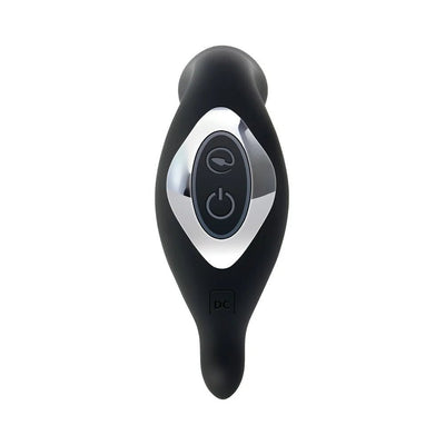 Black silicone prostate massager with silver control panel featuring power and mode buttons.
