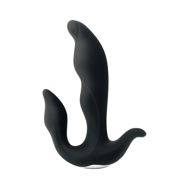 Black silicone prostate massager with three curved stimulation points and ergonomic design.