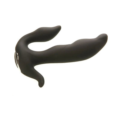 Black silicone prostate massager with three curved points and ergonomic design for targeted stimulation.