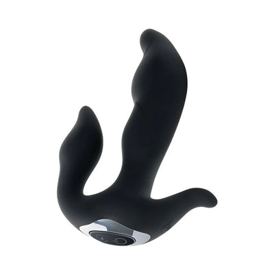 Black silicone Adam & Eve 3 Point Prostate Massager with ergonomic curved design and control buttons.