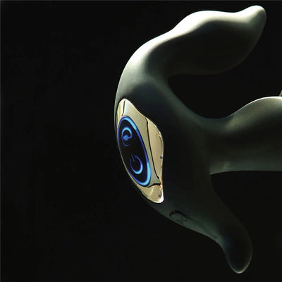 Close-up of the black Adam & Eve 3 Point Prostate Massager showing its ergonomic shape and illuminated control buttons.
