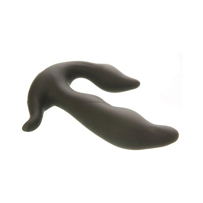 Black silicone prostate massager with curved shaft and flexible perineum stimulator.