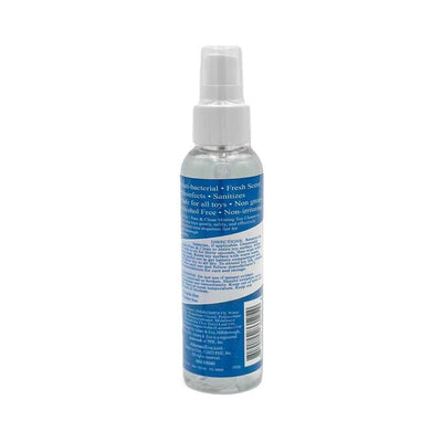 Clear 4 oz spray bottle of Adam & Eve 4 in 1 Pure & Clean Misting Toy Cleaner with blue label and white spray top.