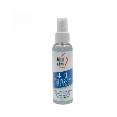 Adam & Eve 4 in 1 Pure & Clean Misting Toy Cleaner 4 oz spray bottle with antibacterial formula and fresh scent label