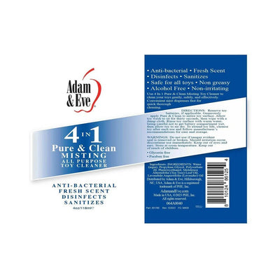 Adam & Eve 4 in 1 Pure & Clean Misting Toy Cleaner label highlighting antibacterial, fresh scent, disinfects, and sanitizes features.