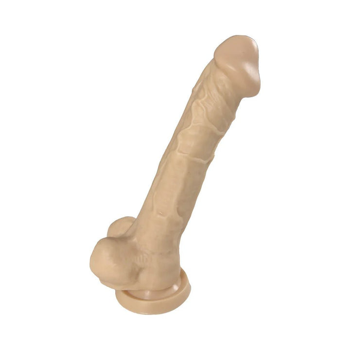 Realistic beige 10-inch dildo with textured veins, pronounced head, and suction cup base for versatile use.