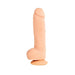 Beige 12-inch realistic dildo with suction cup base standing upright on white background.