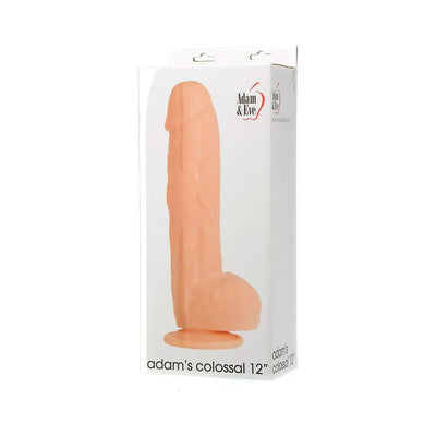 Adam & Eve Adams Colossal 12-inch beige dildo with suction cup base in retail packaging against white background.