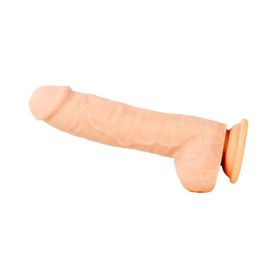 Beige 12-inch realistic dildo with suction cup base and detailed veins, designed for hands-free use and harness compatibility.