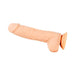 Beige 12-inch realistic dildo with suction cup base and detailed veins, designed for hands-free use and harness compatibility.