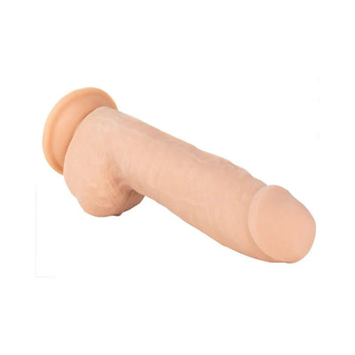 Beige 12-inch realistic dildo with suction cup base and detailed veins, made from soft, flexible material.