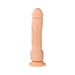 Beige 12-inch realistic dildo with suction cup base, detailed veins, and sculpted head, standing upright on white background.