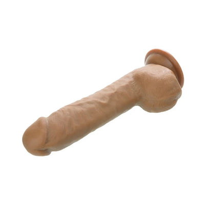 Beige realistic 12-inch dildo with textured veins and suction cup base for hands-free use.