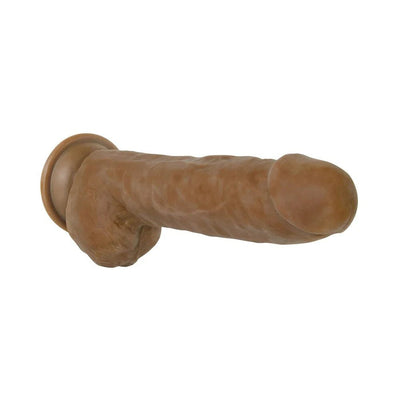 Realistic brown 12-inch dildo with textured shaft, sculpted tip, testicles, and suction cup base for hands-free use.