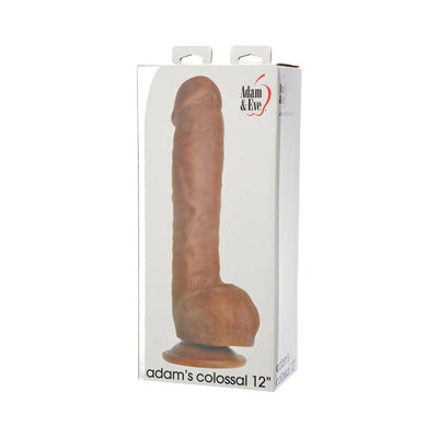 Adam & Eve Adams Colossal 12-inch beige dildo with suction cup base in retail packaging against white background.