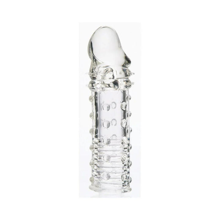 Clear textured 2-inch penis extender sleeve with raised nodules and ribbed base for enhanced sensation.