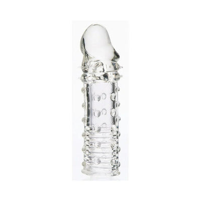Clear textured 2-inch penis extender sleeve with raised nodules and ribbed base for enhanced sensation.