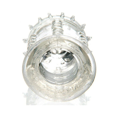 Clear textured 2-inch flexible penis extender sleeve with raised nodules for enhanced sensation.