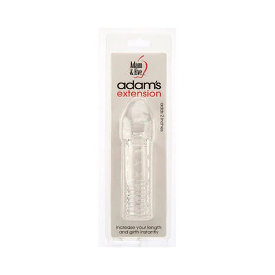 Clear 2-inch Adam & Eve Adams Extension penis extender in retail packaging with textured sleeve design.