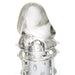 Clear 2-inch penis extender sleeve with textured rings and nodules for added stimulation.