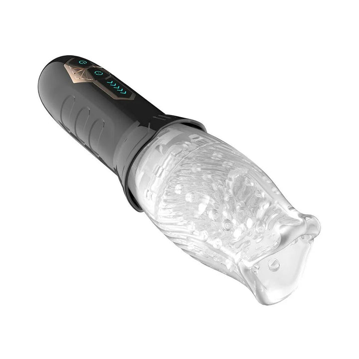 Adam & Eve Gawk Gawk rotating and vibrating male masturbator with textured clear sleeve and black control handle