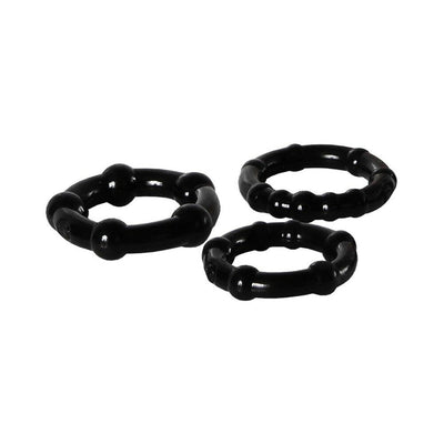 Set of three black textured penis rings with varying sizes and raised nodules for enhanced stimulation.