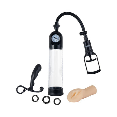 Adam & Eve Adams Pleasure Kit for Him with clear penis pump, black prostate massager, three textured rings, and flesh-colored sleeve.