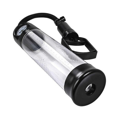 Clear and black manual penis pump with pressure gauge and hand pump handle on white background