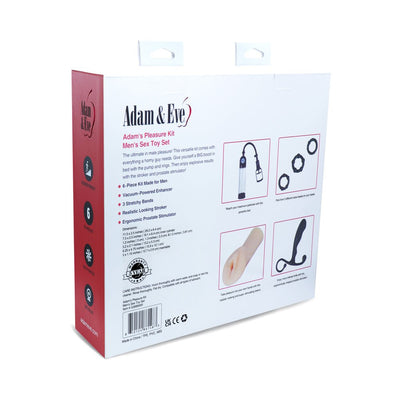 Back view of Adam & Eve Adams Pleasure Kit For Him packaging showing product features and contents.