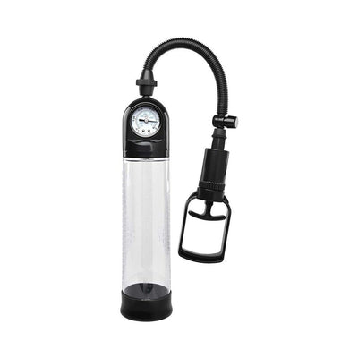 Clear and black penis pump with pressure gauge and hand pump handle for controlled suction.