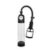 Clear and black penis pump with pressure gauge and hand pump handle for controlled suction.