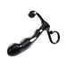 Glossy black prostate massager with ergonomic curved design and finger loop handle for easy use.