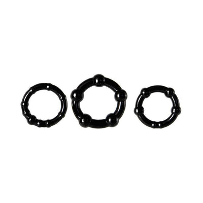 Set of three black textured silicone penis rings in varying sizes with raised nodules for added stimulation.