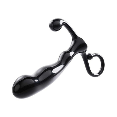 Glossy black prostate massager with curved design and ergonomic handle for targeted stimulation.