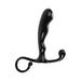 Black glossy prostate massager with curved shaft and dual handles for targeted stimulation.