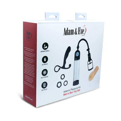 Packaging box of Adam & Eve Adams Pleasure Kit For Him showing six-piece men's intimate toy set components.