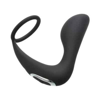 Black silicone rechargeable prostate stimulator with attached stretchy C-ring and one-button control.