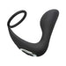 Black silicone rechargeable prostate stimulator with attached stretchy C-ring and one-button control.