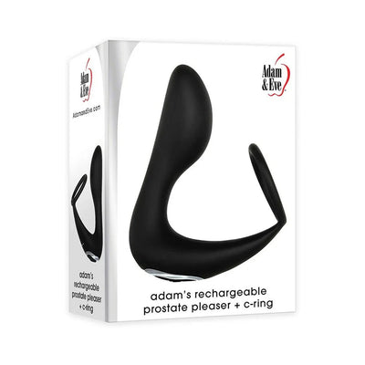 Black rechargeable prostate pleaser with integrated C-ring displayed on white Adam & Eve branded packaging.