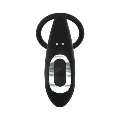 Black rechargeable prostate pleaser with integrated stretchy C-ring and single-button control.