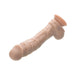 Realistic flesh-toned silicone dildo with textured veins and suction cup base for hands-free use.