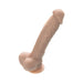Realistic flesh-toned silicone dildo with textured veins and suction cup base for hands-free use.