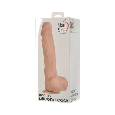 Packaging box of Adam & Eve Adams Silicone Cock dildo in flesh tone with realistic detailing and suction cup base.