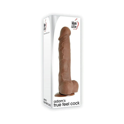 Adam & Eve Adams True Feel Cock in brown with realistic texture and suction cup base displayed on white packaging.