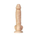 Realistic flesh-toned 10-inch dildo with textured veins, sculpted head, balls, and suction cup base for hands-free use.