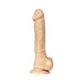 Realistic flesh-toned 10-inch dildo with veins, head, balls, and suction cup base for hands-free use.
