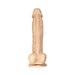 Realistic flesh-toned 10-inch dildo with detailed veins, head, balls, and suction cup base for hands-free use.