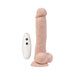 Realistic flesh-toned dildo with textured veins, suction cup base, and white remote control with two buttons.